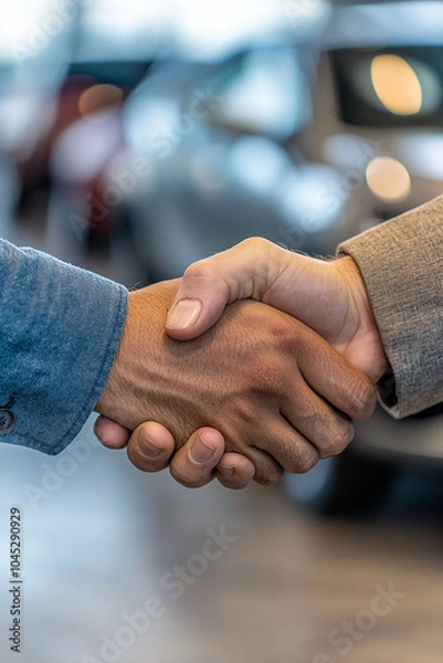 Fototapeta Close up of two hands shaking with blurry card background, car dealing concept generated.AI
