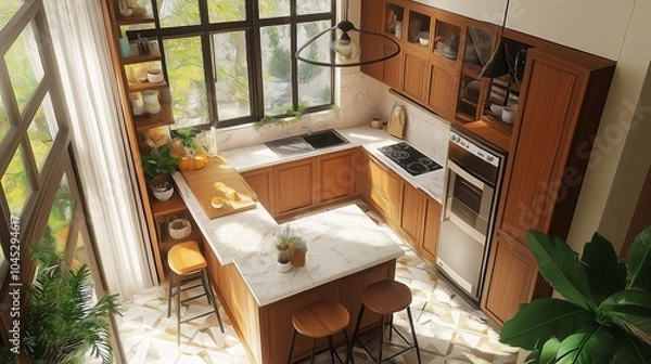 Fototapeta An overhead view of the interior of a home kitchen featuring a bar island and a cooking cabinet close to a window