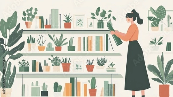 Fototapeta A young woman wiping down a shelf filled with plants and books in a minimalist, modern home, her focus on cleanliness, with a bright and organized interior in the background