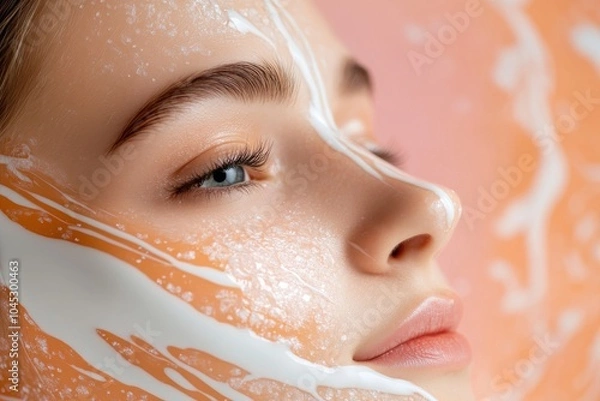 Fototapeta An abstract art piece showcasing a close-up of a face with a creamy texture, embodying softness, creativity, and innovative digital aesthetics within a serene atmosphere.