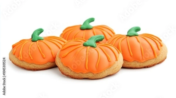 Fototapeta Pumpkin-shaped cookies with bright orange icing and green stems, isolated on white background