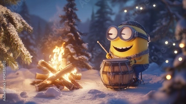 Fototapeta Happy Minion Playing Drums by a Cozy Campfire in Snowy Forest, Cheerful Winter Vibes and Fun Moments