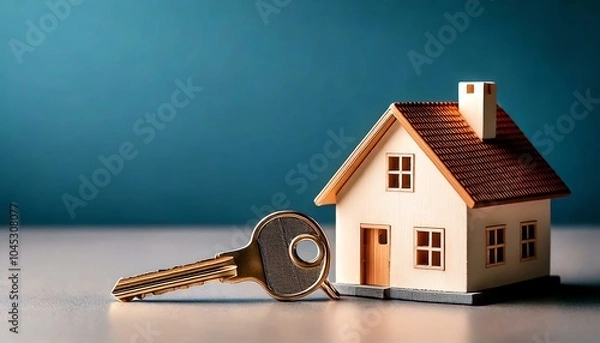 Obraz House model with key on blue background