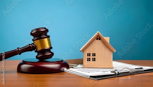 Obraz Gavel and house model on documents