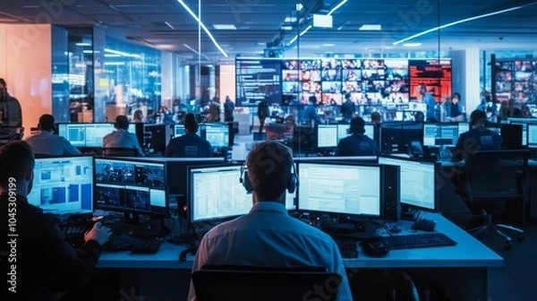 Fototapeta A buzzing newsroom with journalists tracking and reporting on viral topics in real-time, with screens showing popular headlines