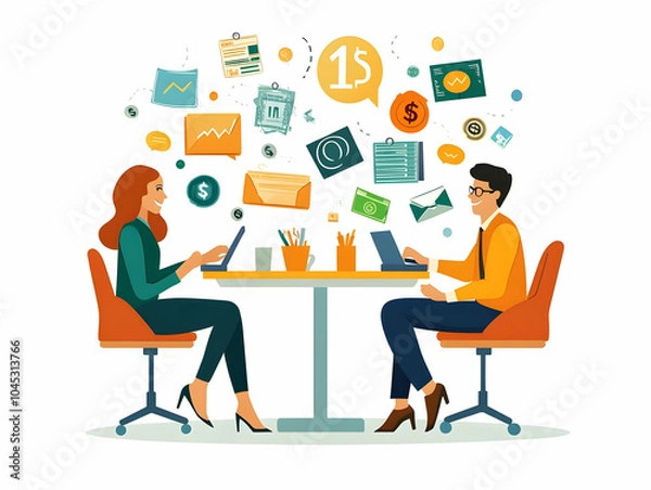 Fototapeta Flat Candid Lunch Meeting with Floating Financial Symbols, Professionals Discussing Business Strategies, Dollar Signs & Discount Tags, Simple Vector in Smart Business Tone on White Background