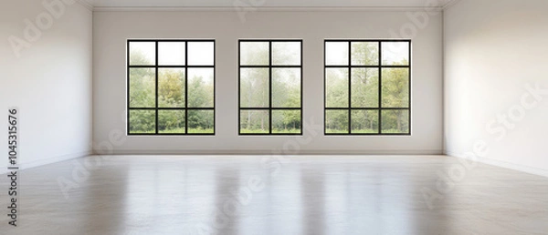 Fototapeta Spacious room with large windows and natural light, minimalist style, white walls.