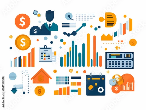 Obraz Professional Financial Report Illustration with Currency Symbols & Discount Tags in Soft Abstract Background for Financial Analysis & Business Advertising, Vector Design with Copy Space