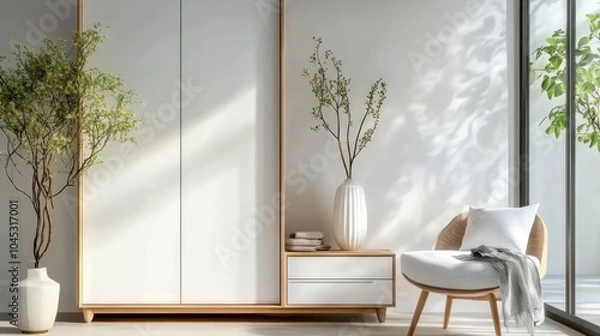 Fototapeta White wooden scandinavian style interior design of modern bedroom