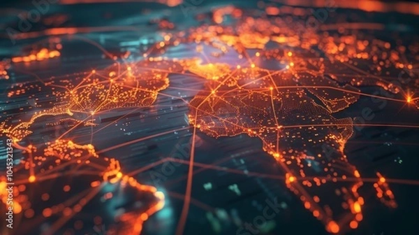 Fototapeta A globe with a network of lines and dots that are orange