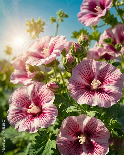Fototapeta Bright colourful fresh mallow malva first flowers in the garden delicate background. Celebrating of spring. Floral template.	