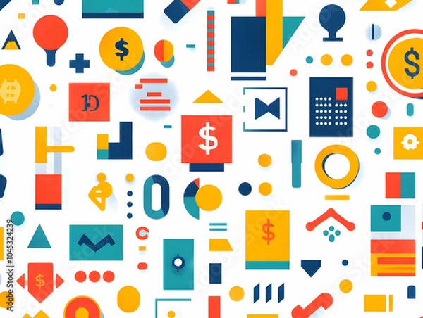 Fototapeta Flat Minimalist Tile Pattern with Geometric Shapes + Discount Symbols + Currency Icons for Modern Business Marketing Backgrounds - Clean, Structured Design for Finance Advertising