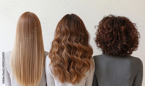 Obraz 
Back view of three women with different hair. Photograph demonstrating that there are different types of hair. 
