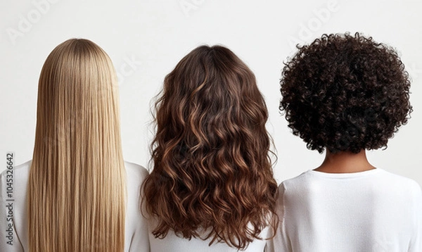 Obraz 
Back view of three women with different hair. Photograph demonstrating that there are different types of hair. 