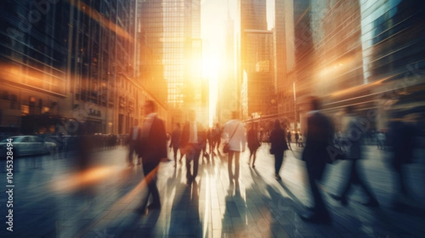 Fototapeta abstract motion blur image of business people crowd walking at corporate office in city downtown, blurred background, business center concept, Cinematic color tone