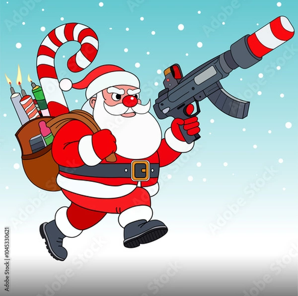 Fototapeta Vector hand drawing representing Santa Claus bringing gifts in a time of war in various parts of the world