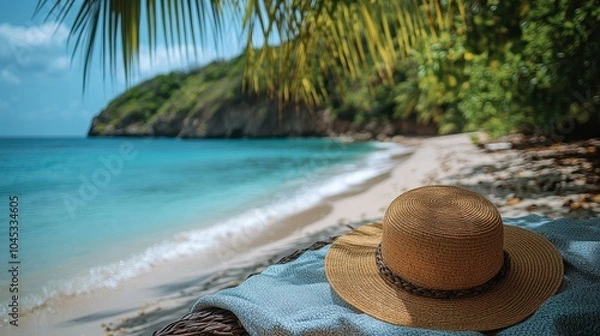 Fototapeta Secluded beach with a straw hat and a beach blanket under a palm tree