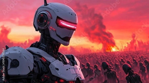 Fototapeta Futuristic robot knight defending a human colony from a horde of alien invaders