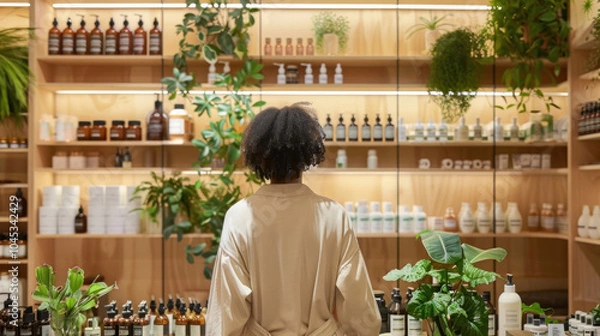 Fototapeta A person shopping for zero-waste haircare products in a sustainable beauty store, with refill stations in the background