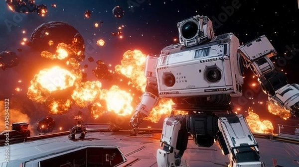 Fototapeta Giant robot defending a space station from alien invaders, explosions lighting up the background