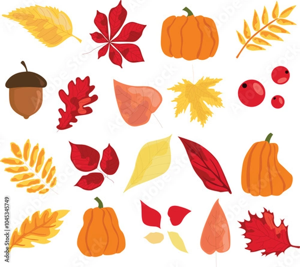Obraz autumn yellow, red leaves, acorns, mountain ash, pumpkin. background for the decoration of autumn holidays, Thanksgiving day. November, October. vector, graphic image.