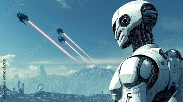 Fototapeta Humanoid robot defending a human colony from alien invaders, lasers lighting up the sky