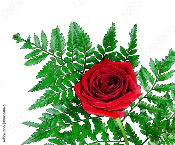 Obraz posturized red single rose with fern