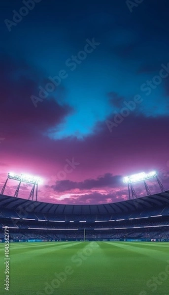 Fototapeta Empty Green Soccer Field at Sunset With Dramatic Sky, Floodlights Illuminating the Stadium