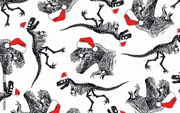 Obraz Graphical horizontal design with dinosaur portraits and skeletons in Santa Claus hats , vector Christmas wallpaper design
