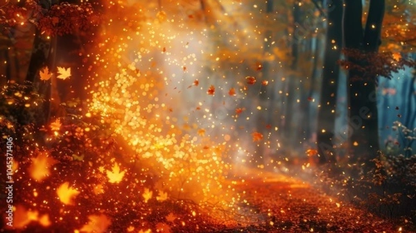 Fototapeta A fiery explosion of orange and yellow leaves against a forest green backdrop, capturing the essence of the last morning of autumn.