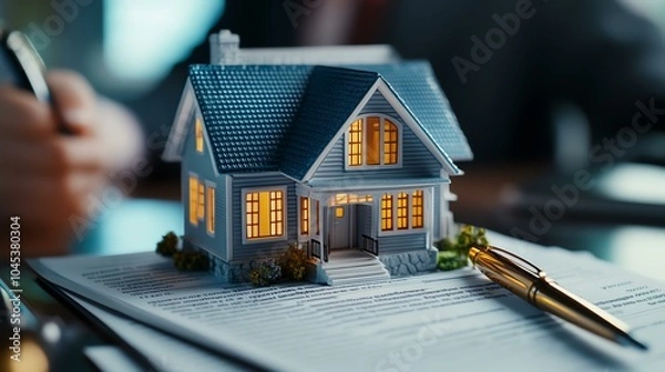 Obraz Model house on paperwork with pen.