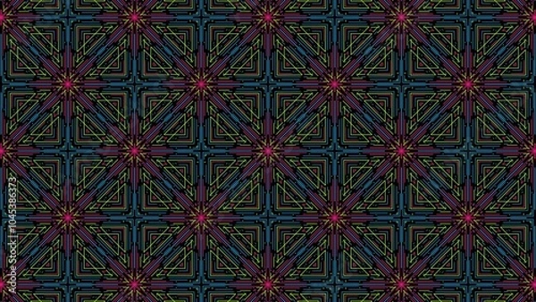 Fototapeta Seamless geometric pattern featuring neon-colored lines forming a symmetrical grid. Abstract design with vibrant hues of pink, green, blue, and black creating a dynamic, futuristic look.

