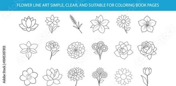 Fototapeta A collection of 18 simple flower line art illustrations, suitable for coloring book pages. Each flower is drawn in a clear, easytofollow style.