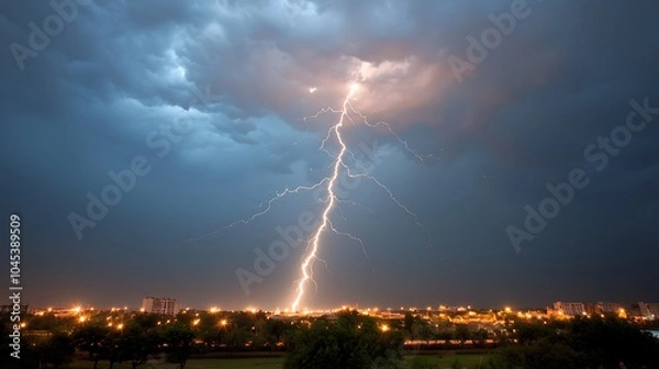 Fototapeta Capturing the majesty of nature's fury an awe-inspiring lightning strike illuminates the cityscape below