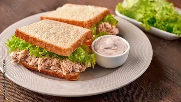 Obraz Homemade tuna sandwich with lettuce on a plate. Mayonnaise sauce in small bowl.