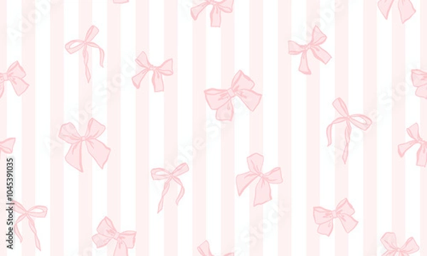 Fototapeta Pattern with different pink bows with striped background, seamless pattern for girl, coquette core design