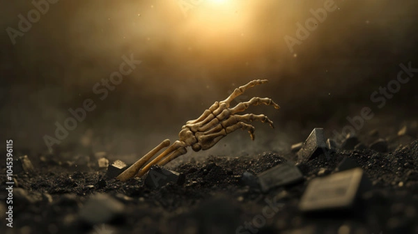 Fototapeta skeletal hand reaching out of earth, surrounded by debris, evokes sense of mystery and intrigue. dramatic lighting enhances eerie atmosphere, creating captivating visual