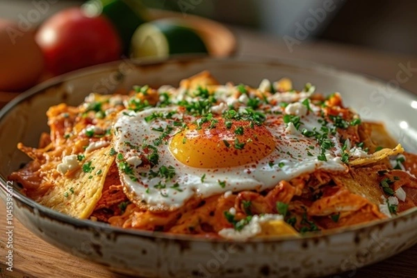 Fototapeta A plate of chilaquiles, with crispy tortilla chips smothered in red or green salsa, topped with shredded chicken, crema, cheese, and a fried egg