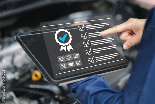 Obraz Conditions of insurance, Assurance of Vehicle service warranty online concept, Women's Service Center Officer use tablets check service guarantee, Online checklist technology, quality of car service