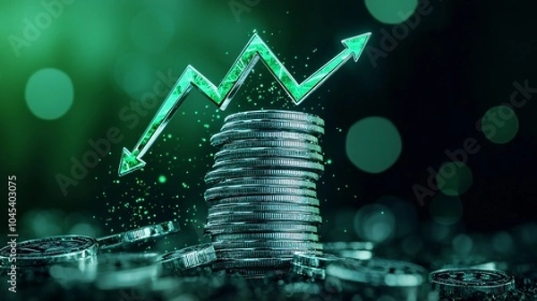 Obraz Stacked coins and green arrows representing investment growth geometric commercial color grading high resolution ultra hd clean sharp focus