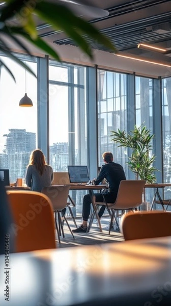 Obraz Business people working on computers in modern sunny open plan office