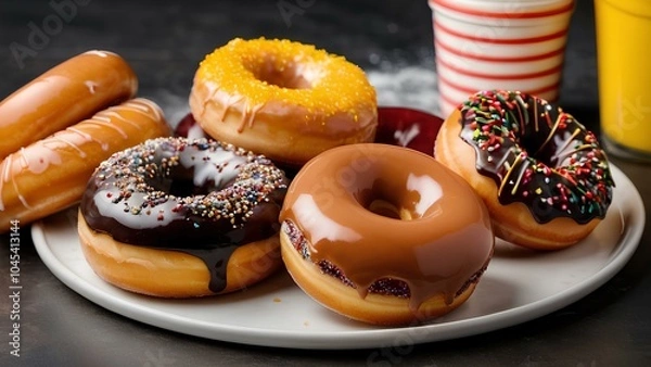 Obraz A mix of classic and unique donuts with a variety of toppings, ranging from sprinkles to chocolate glaze, beautifully arranged for a mouthwatering dessert treat.