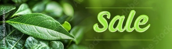 Fototapeta Green Monday background with 'sale' word concept. A vibrant green background with leaves and the word "Sale" prominently displayed in a playful font
