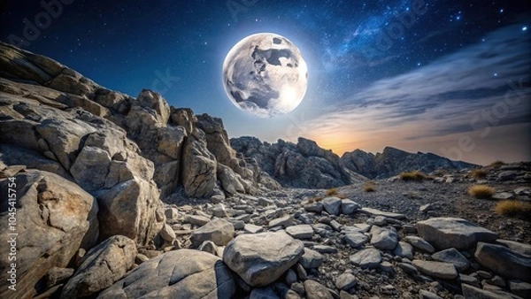 Fototapeta High-angle shot of a rocky terrain with a silvery glow from the full moon, atmospheric effects, craggy rocks, mountainous terrain