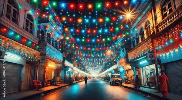 Fototapeta Colorful Street Lights in Festive Night Market
