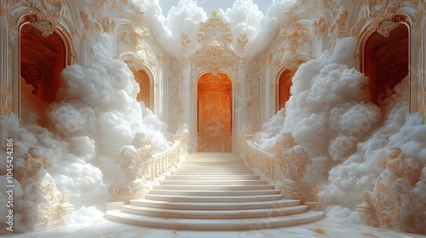 Fototapeta A grand staircase leading up to an ornate archway, surrounded by fluffy clouds, creates a surreal and ethereal atmosphere.