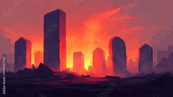 Fototapeta Eerie serenity the enigmatic silhouettes of ancient monoliths against a fiery horizon at dusk