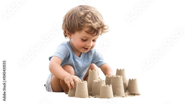 Obraz Young child building sandcastles on the beach during a sunny day, deeply engaged in creative play while enjoying summer.