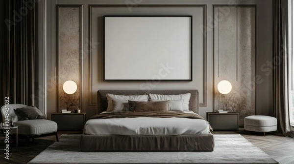 Obraz Modern bedroom interior showcasing a wall frame mockup for art or posters, blending elegance with comfort in a chic design.