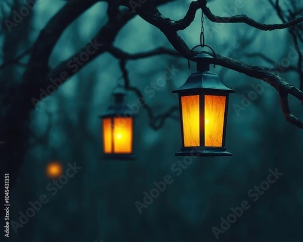 Fototapeta Vintage Halloween Lanterns Hanging from Twisted Tree